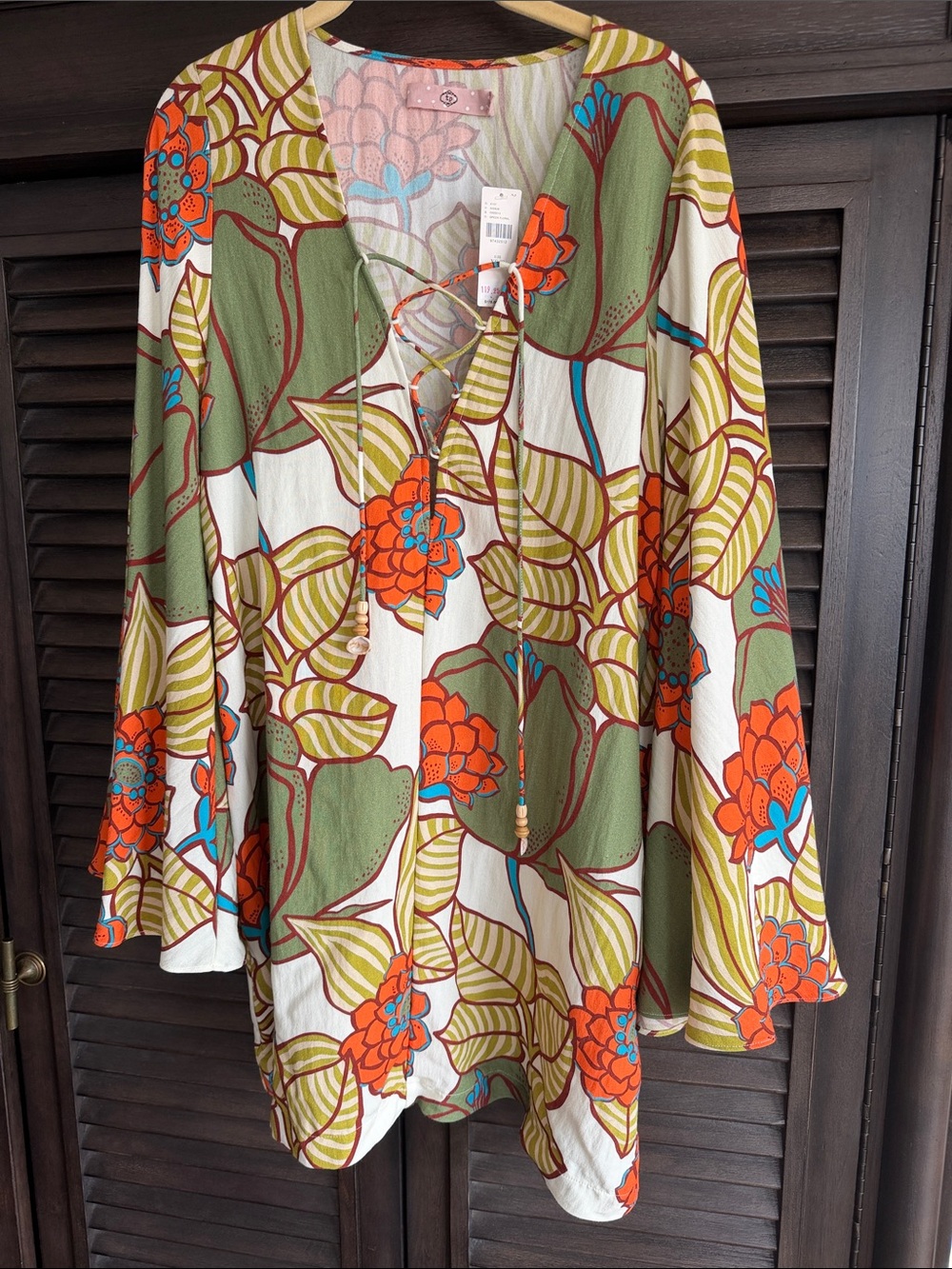 Traffic People Orange Floral Tie-Front Mini Dress on Cream - Picture 4 of 6
